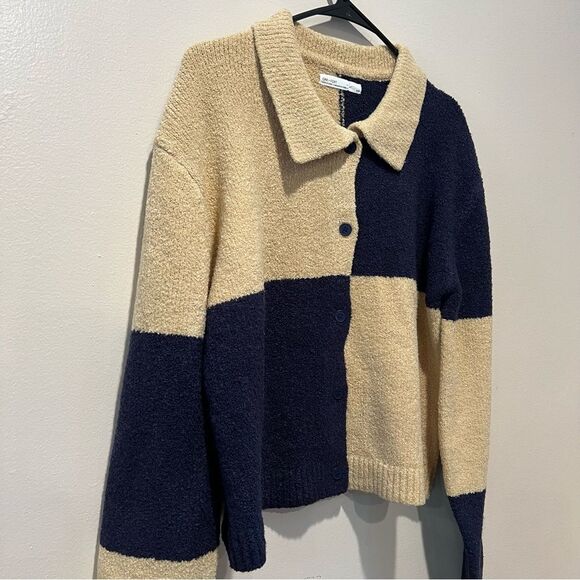 Oak + Fort Checkered Cardigan Size M Oversized Wool Blend Cozy - Picture 4 of 11